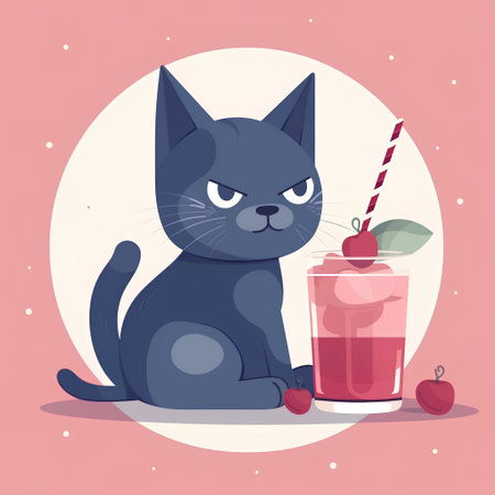 Cute cartoon black cat with a glass of cherry smoothie. Vector illustration.の素材