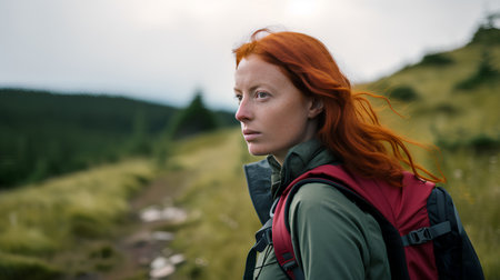 Portrait of a red-haired woman with a backpack in the mountains.の素材