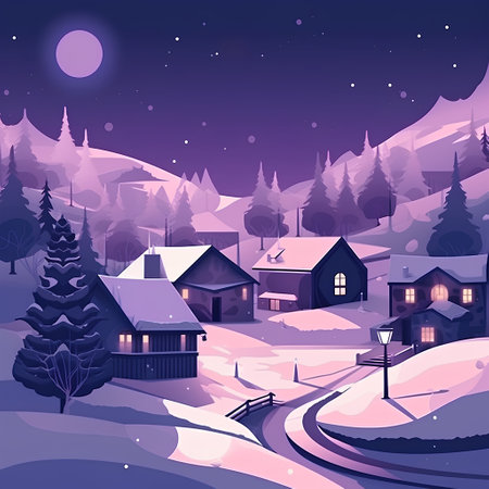 Winter night landscape with village houses and road. Cartoon vector illustration.の素材