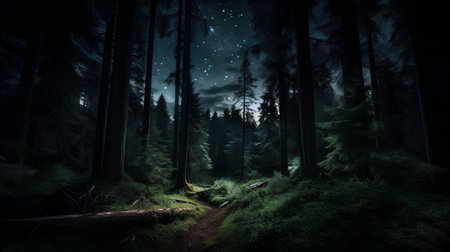 Dark forest at night with stars and moonlight, 3d renderの素材