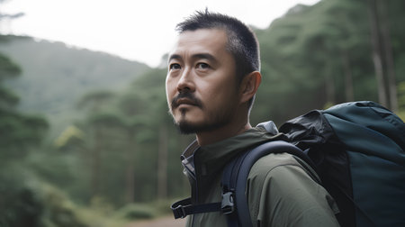 Portrait of Asian man with backpack looking at the camera while hiking in the forestの素材
