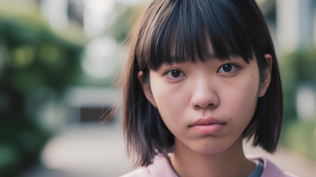Portrait of an asian woman looking at camera in the cityの素材