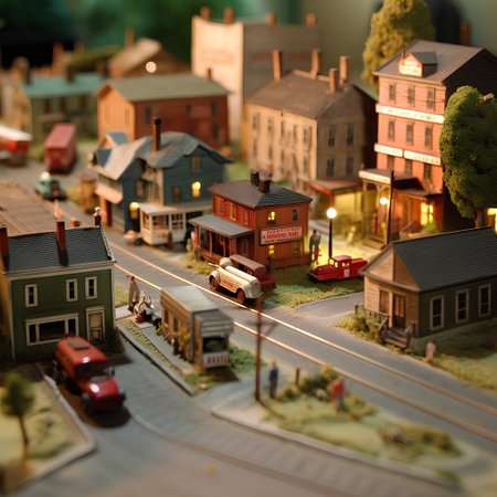 Miniature model of a city with train and houses on the streetの素材