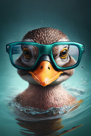duck in glasses swimming in water. 3d rendering illustration.の素材