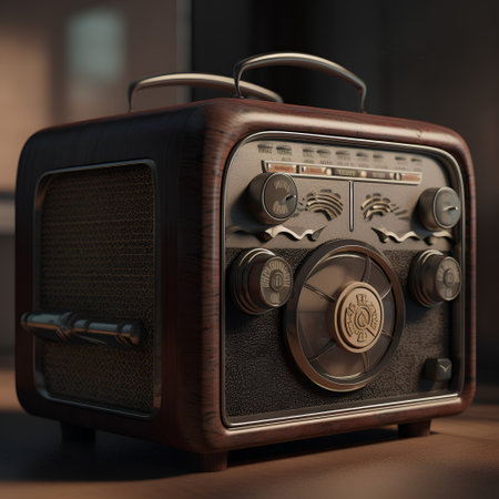 Vintage radio on a dark background. 3d render illustration.の素材