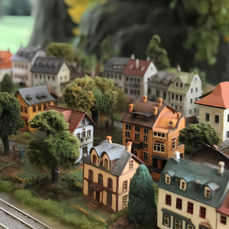 Miniature model of a town with houses and trees in the backgroundの素材