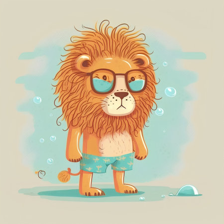 Cute cartoon lion in swimming suit and sunglasses. Vector illustration.の素材