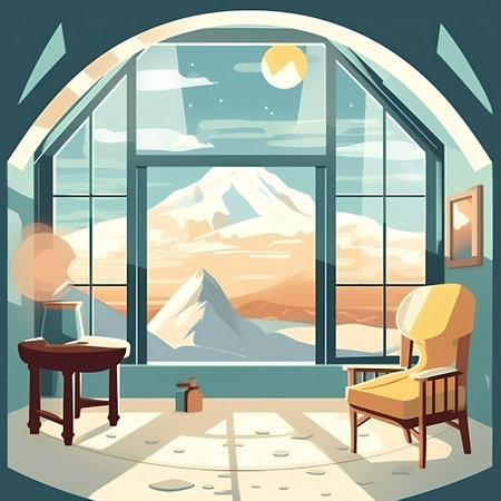 Illustration of a living room with a window overlooking a mountain rangeの素材