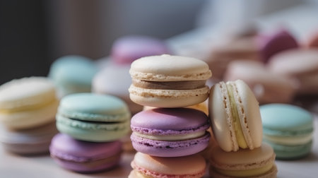 Colorful macaroons on a white background. Selective focus.の素材