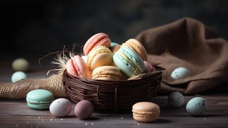 Colorful macaroons in a basket and easter eggs on wooden backgroundの素材