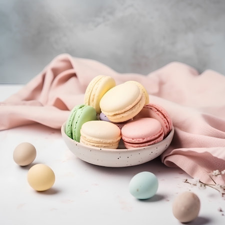 Colorful macaroons in a plate on a light background.の素材