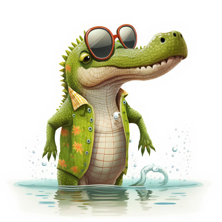 cartoon crocodile with sunglasses in water illustration isolated on white backgroundの素材