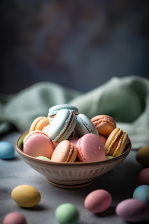 Colorful macaroons in a bowl on a gray background.の素材
