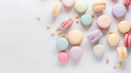 Colorful macaroons on white background. Top view, copy spaceの素材