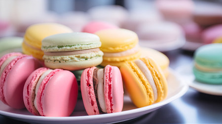 Colorful macaroons on a white plate. Selective focus.の素材