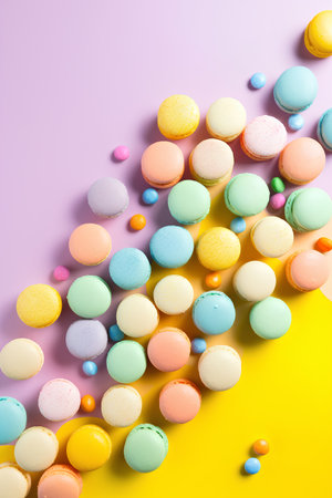 Colorful macaroons on a pastel background. Top view.の素材