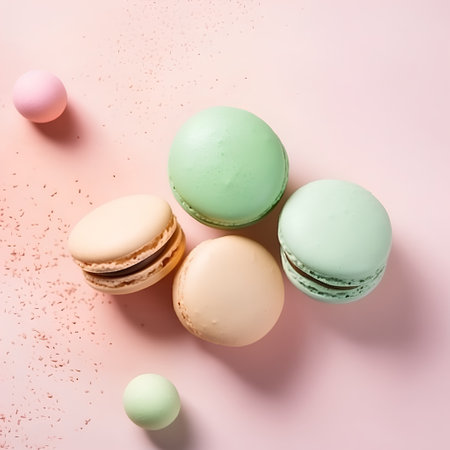 Colorful macaroons on pastel pink background, top viewの素材