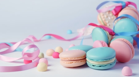 Macaroons and colorful ribbons on white background, closeupの素材