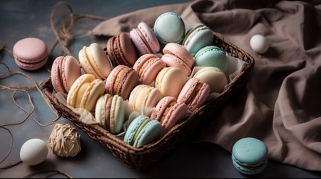 Colorful macaroons in a basket on a dark background.の素材