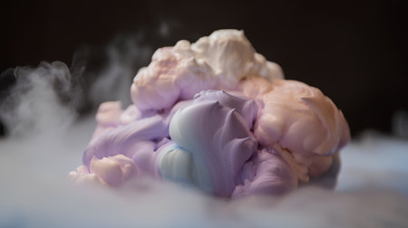 Creamy marshmallow on black background. Shallow depth of fieldの素材