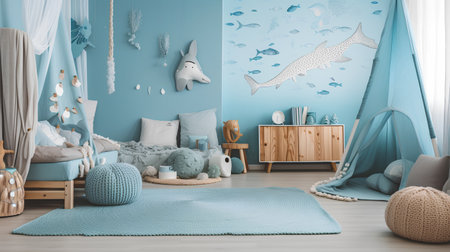 Children's room interior with a blue bed and toys. 3d renderingの素材