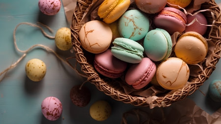 Colorful macaroons in a basket on turquoise backgroundの素材