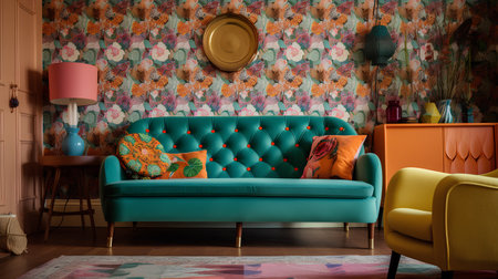 interior of the living room with a green sofa, a lamp and a colorful wallpaperの素材