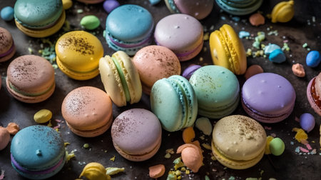Colorful macarons on a dark background. Toned.の素材