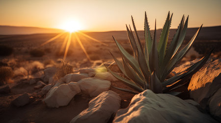 Aloe vera plant in the desert at sunset. Beautiful landscape.の素材