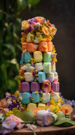 Colorful marshmallows in the form of a pyramid with flowersの素材