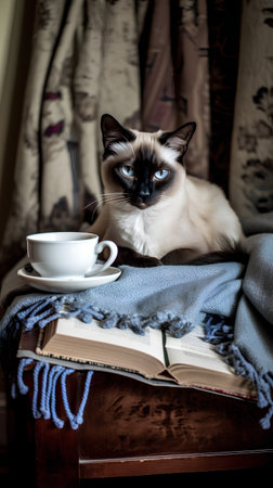 Siamese cat with book and cup of coffee on the bedの素材