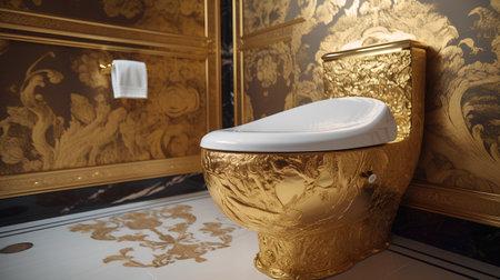 Luxury bathroom with golden walls and a white toilet bowl.の素材