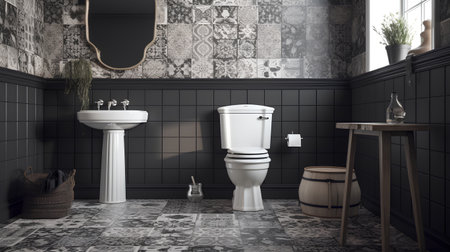 3d render of bathroom with black tiles and white toilet bowl in the cornerの素材