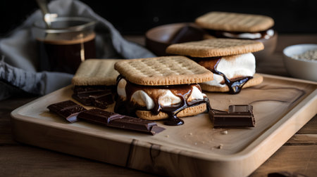 Biscuits with chocolate and marshmallows on a wooden boardの素材