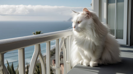 White persian cat sitting on a balcony with sea view in backgroundの素材