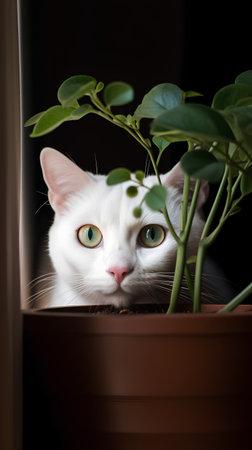 White cat with green eyes and a plant in a pot on a black backgroundの素材
