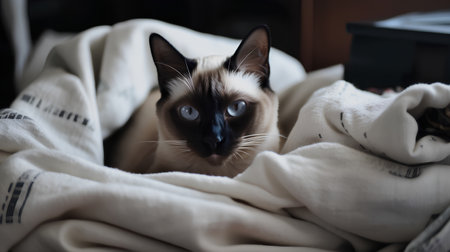 Siamese cat lying on the bed with a blanket, selective focusの素材