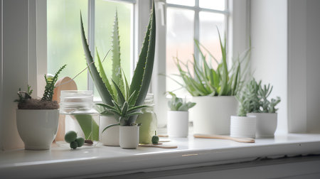 Aloe vera plant, succulent, cactus in glass jar on windowsill.の素材
