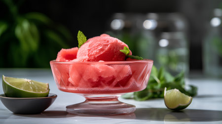 Scoops of watermelon sorbet in glass bowl with lime and mint on the table.の素材