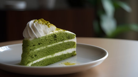 Green tea cake with whipped cream on white plate in coffee shop.の素材