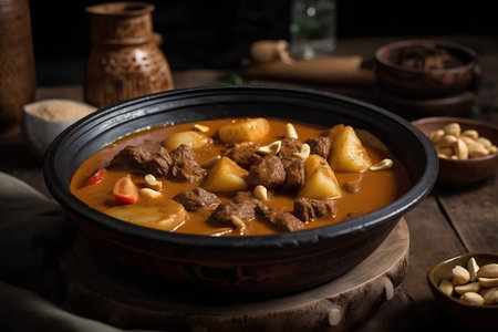 Beef goulash with potatoes in clay pot on wooden tableの素材