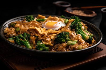 Noodles with broccoli, egg and sesame seeds on dark backgroundの素材