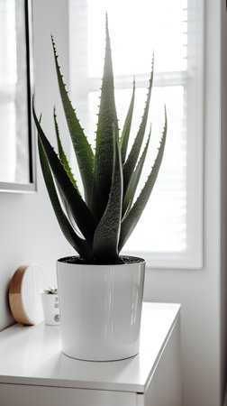 Aloe vera plant in a white pot on a windowsillの素材