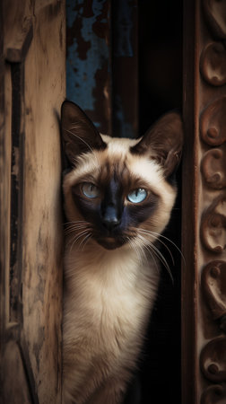 Siamese cat with blue eyes in a wooden door. Portrait.の素材