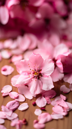 cherry blossom petals on wooden background, shallow dofの素材