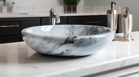 Close up of a marble sink on a marble countertop in a modern kitchenの素材
