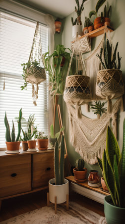 Interior design of cozy living room with cactus, succulent plants and macrame hangersの素材