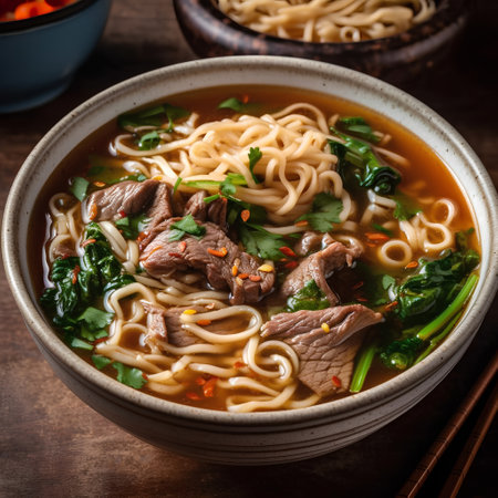 Asian style noodle soup with beef and vegetables in bowl, selective focusの素材