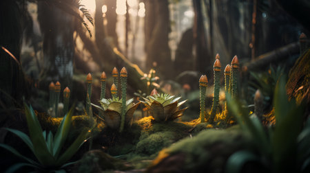 Tropical forest with moss and ferns in sunlight.の素材