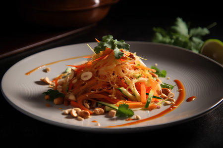 salad with carrot, cucumber and nuts on a dark backgroundの素材